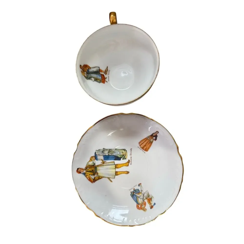 Vintage Greece Ελλάς Porcelain Tea Cup Saucer Plate Set Gold Trim